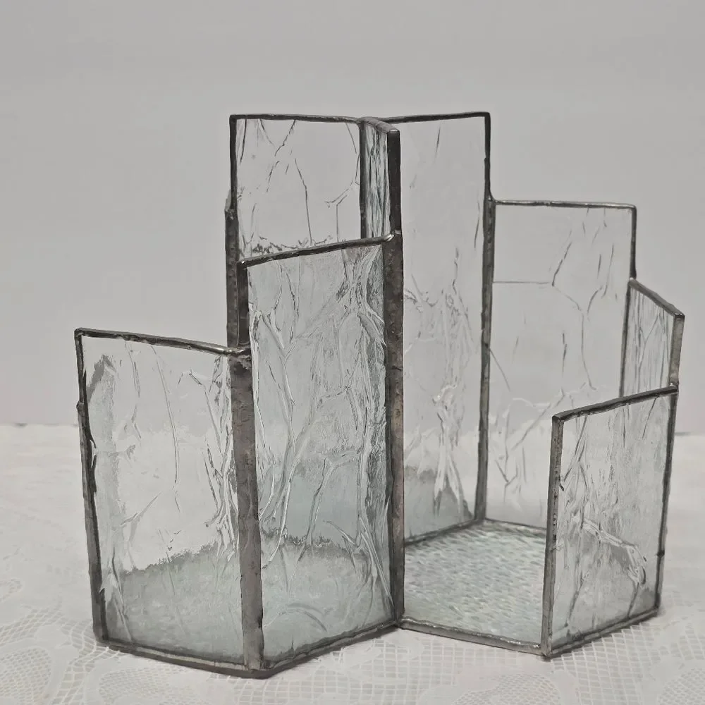Vintage 3-slots Stained Glass Iridescent Bottom Modernist Votive Candle Holder